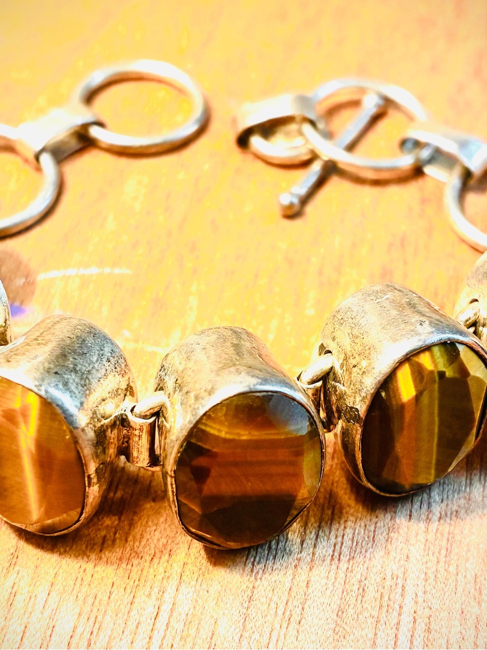 Vintage Sterling Silver Tiger's Eye Link Bracelet - Brown
